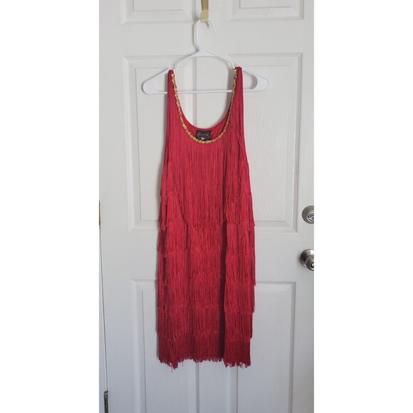 Charades Dress Red Fringe Womens 1x Flapper Style With Gold Sequin Scoop Neck - Picture 9 of 10